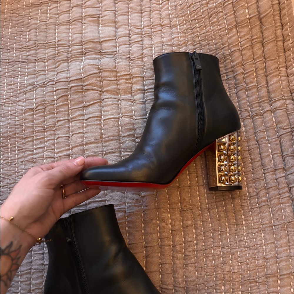 NEW Christian Louboutin Red Bottoms Black Booties with Gold Studded Block Heel - Picture 8 of 12